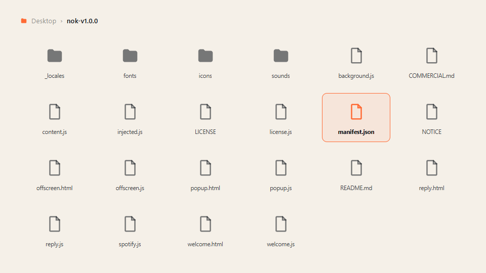 Unzipped nok-v1.0.0 folder showing manifest.json highlighted