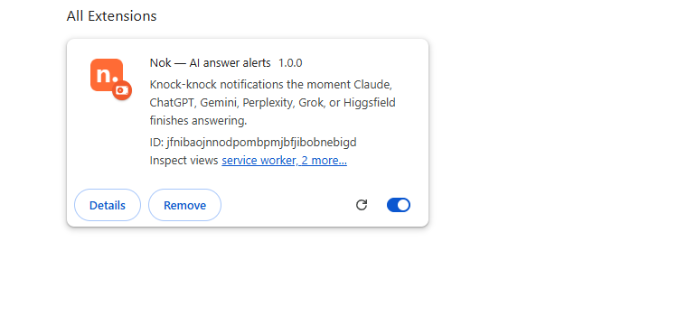 Loaded nok. extension card showing icon, name, version 1.0.0, and extension ID